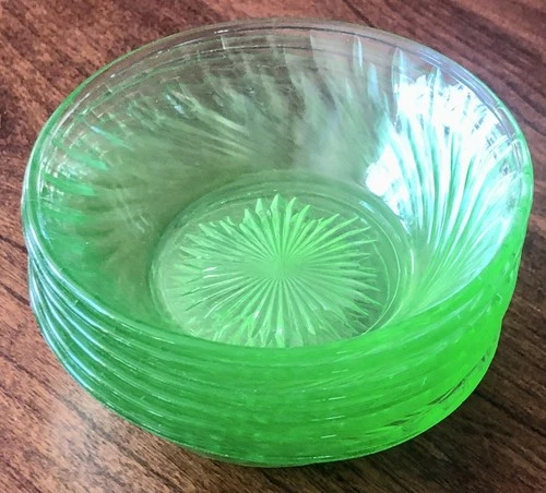 6 Green Depression Uranium Glass Fruit Dessert Salad Bowls Federal Vintage 5"