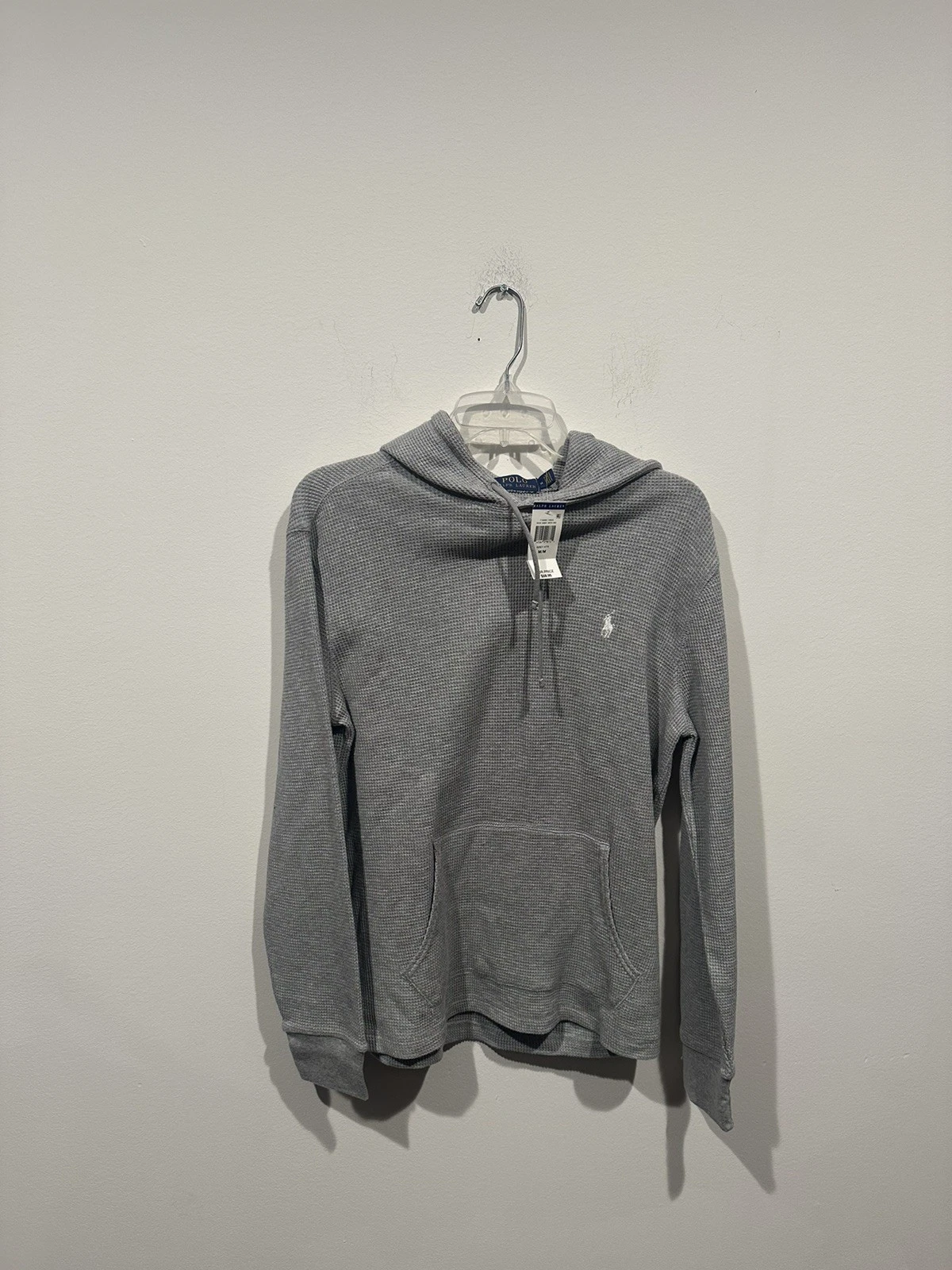 Polo Ralph Lauren Men Medium Grey Cotton Waffle Knit Thermal Pullover Hoodie NWT