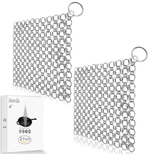 2Pack Cast Iron Scrubber Stainless Steel Chain Mail Scrubber, Cast Iron Clean...