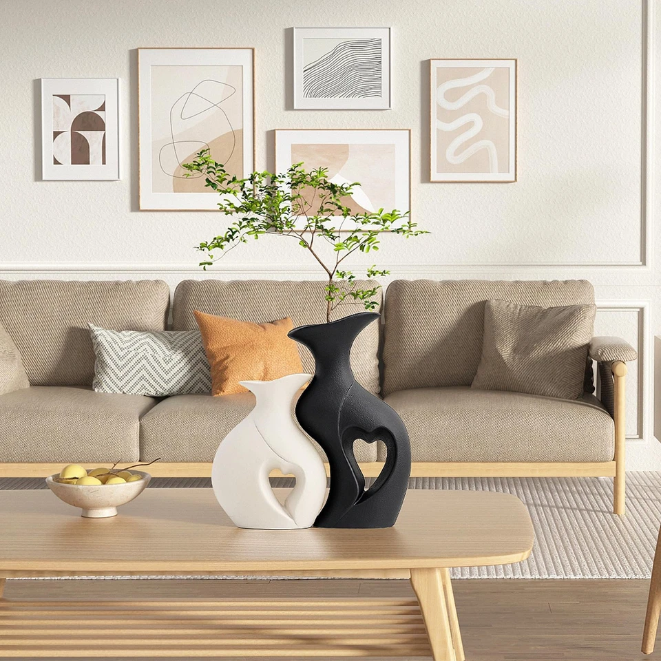 Jarrón Blanco y Negro Forma de Corazón Cerámica Jarrón Juego de 2, Moderno Boho Hueco Flo... Foto 2 de 4