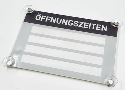 codiarts. Öffnungszeiten Schild mit Saugnäpfen aus Acrylglas zum Beschriften