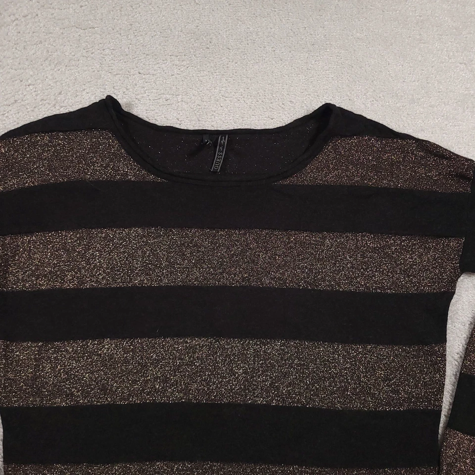 Suéter Guess Mujer Pequeño Negro Bronce Brillo Rayas Manga Larga Pullover Top Foto 3 de 4