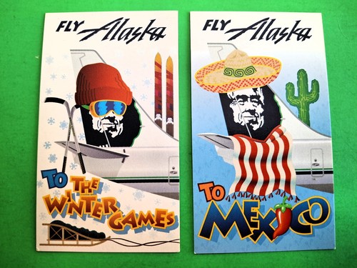 ALASKA AIRLINES 2 Trade Collector Cards Winter Games + MEXICO 3 11/2in X 2in - Picture 1 of 2
