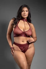 Fantasy Lingerie - Domina - Faux Leather & Mesh Bra 3-Piece - Burgundy - Queen