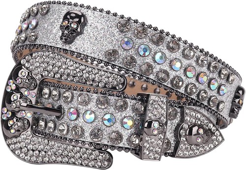 TINIDI Western Men Women Rhinestone Belts Bling Crystal Skulls Studded Leather
