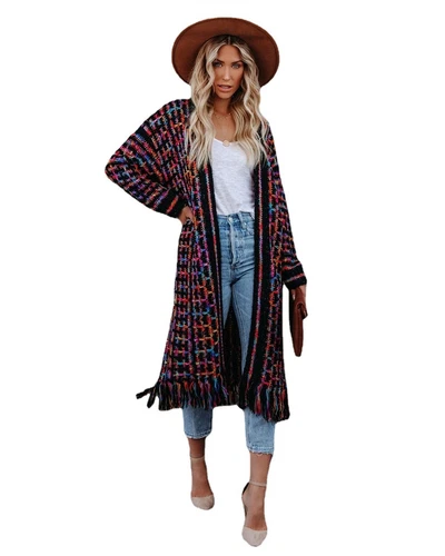 Womens Boho Cardigan Sweater Open Front Fringed Tassels Aztec Maxi Cardigan - Picture 4 of 13
