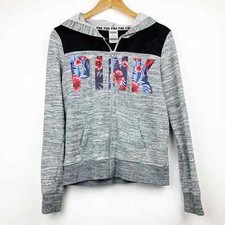 Victoria's Secret Pink Full Zip Hoodie Gray Marl Tropical Floral S