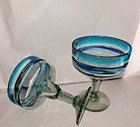 Margarita Glass Cup 2-Set Hand Blown Mexican Glass Striped Two Tone Blue