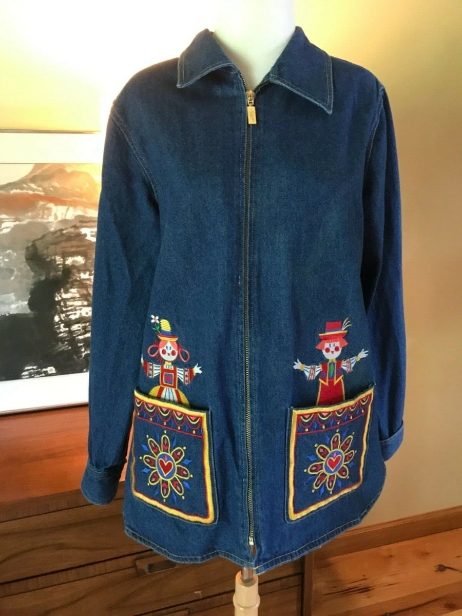 Bob Mackie Art To Wear Zip Cotton Denim Jean Jacket embroidered S M
