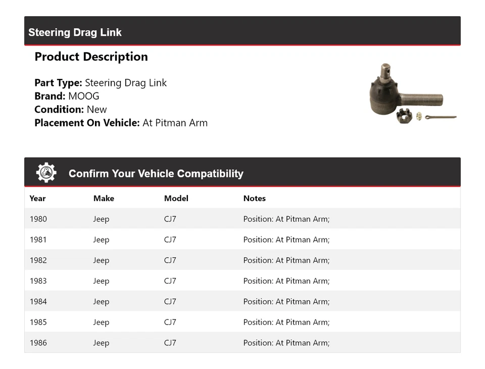 Рулевое тяговое звено для Jeep CJ7 1980-1986 годов выпуска с рычагом Pitman MOOG 1980 1981 1982 1983 годов выпуска - Изображение 2 из 4