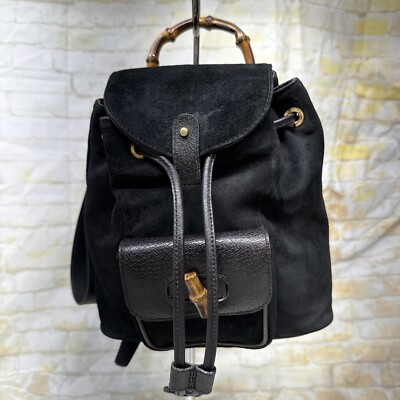 Gucci Bamboo Suede Leather Backpack Black Small Used Bag  display picture 1