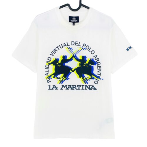 LA MARTINA Weiß Grafik Druck Jersey Rundhals T-Shirt GRÖSSE S - Afbeelding 1 van 10