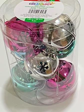 9 PC METAL PINK BLUE GREEN SILVER 1.88" JINGLE BELLS W/ SNOWFLAKES ORNAMENTS
