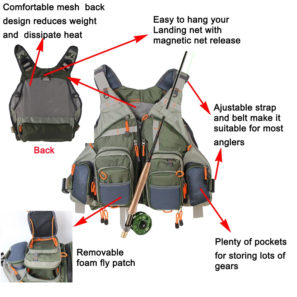 Chaleco de Pesca Mochila Para Pesca con Mosca Tamaño General Malla Ajustable Mutil-Bolsillo