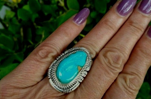 Size 7 Navajo Natural Fox Turquoise Sterling Silver Signed Ring Elouise Kee - Picture 2 of 12