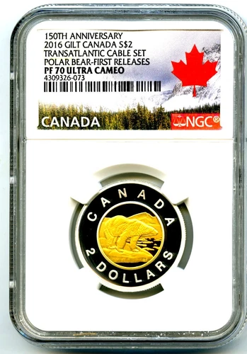2016 CANADA SILVER PROOF TOONIE TWO DOLLAR NGC PF70 UCAM .9999 FINE GILT GOLD