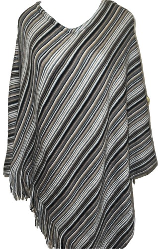 Cejon Poncho Black Gray Tan Multi V-Neck Pullover Asymmetric Hem One Size NWT - Picture 2 of 10