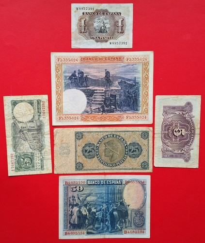Spain 25 PESETAS 1936 100 PESETAS 1925 5 PESETAS 1935+1954 50 PESETAS 1928 NOTES - Picture 2 of 5