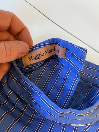 Maggie Marilyn Ruffled Smocked Trumpet Sleeve Striped Poplin Blouse Blue Sz 2/S - Picture 7 of 9