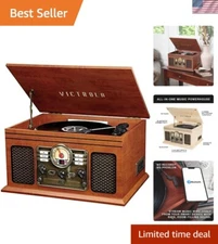 Nostalgic 6-in-1 Bluetooth Record Player – 3-Speed Turntable & More in Mahogany