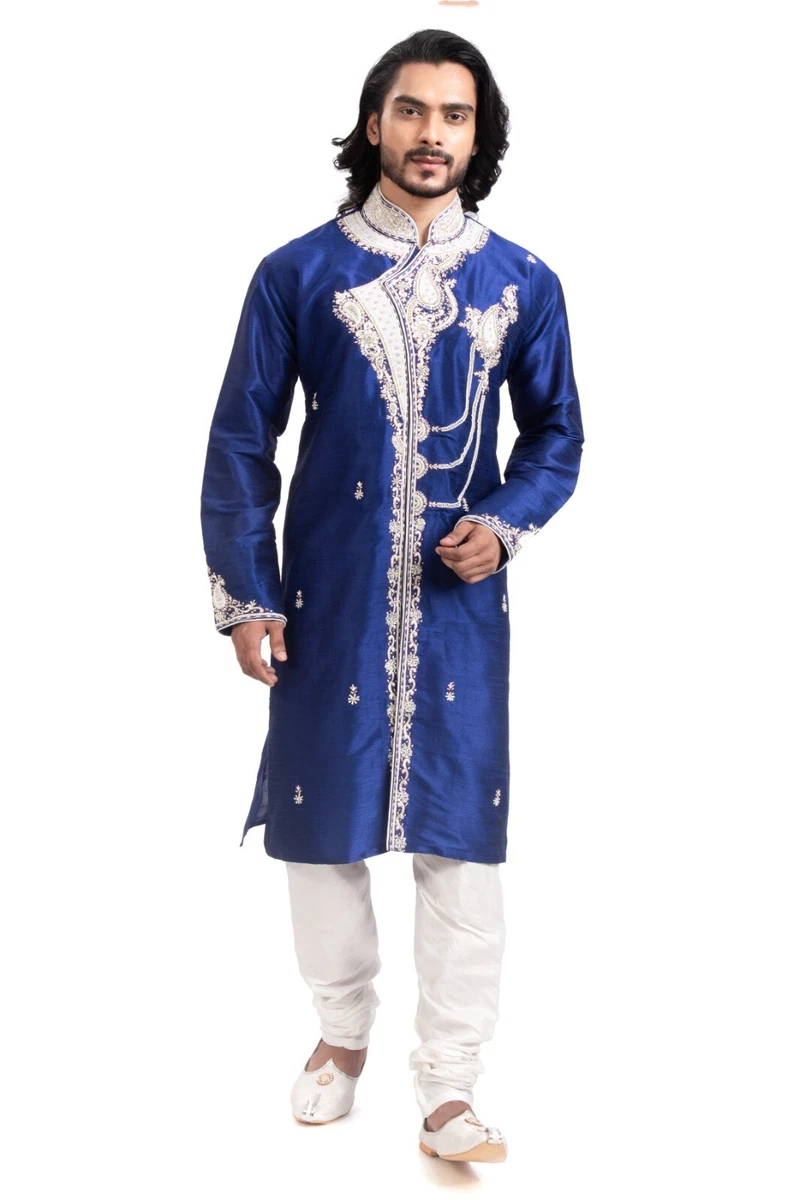 Tuta Indiana Uomo 2 Pezzi - Kurta Sherwani In Misto Cotone - Abito Etnico Bollywood (Nuovo Con Etichette)
