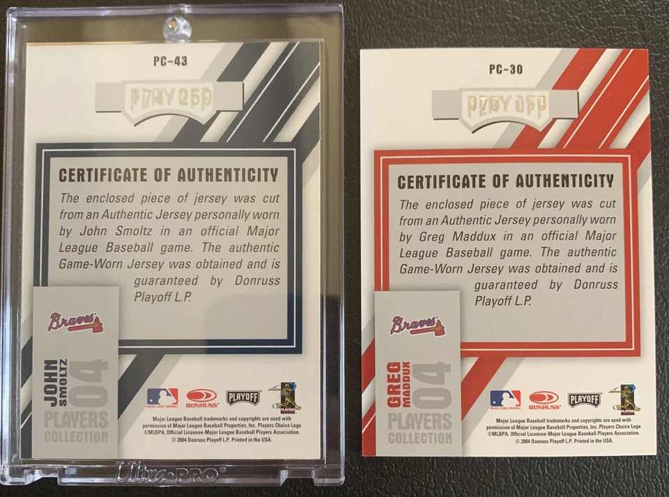 Camiseta John Smolz 2004 Playoffs, Greg Maddux Dinruss Studio Jersey Lote de 2 cartas Foto 2 de 2