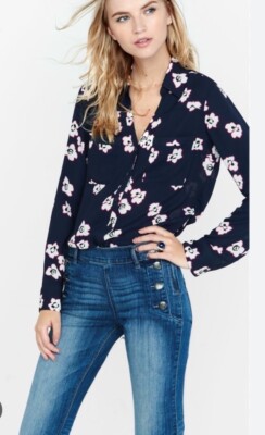 Express The Portofino Shirt Womens S/ P Roll Tan Sleeve Slim Fit Flowers Print