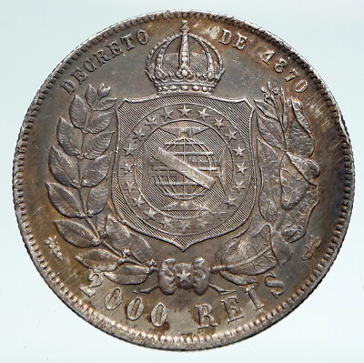 1888 BRAZIL w King Dom Pedro II Antique Brazilian Silver 2000 Reis