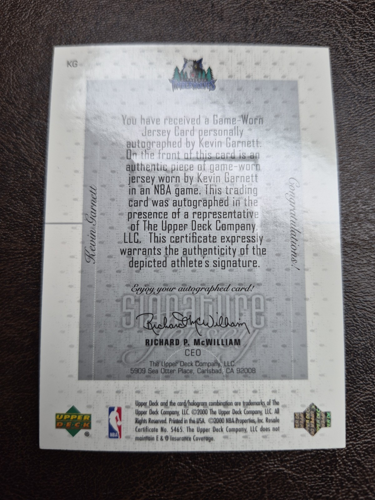 Kevin GARNETT 2000-01 Upper Deck Pros & Prospects Game Used Jersey On Card AUTO  view 2