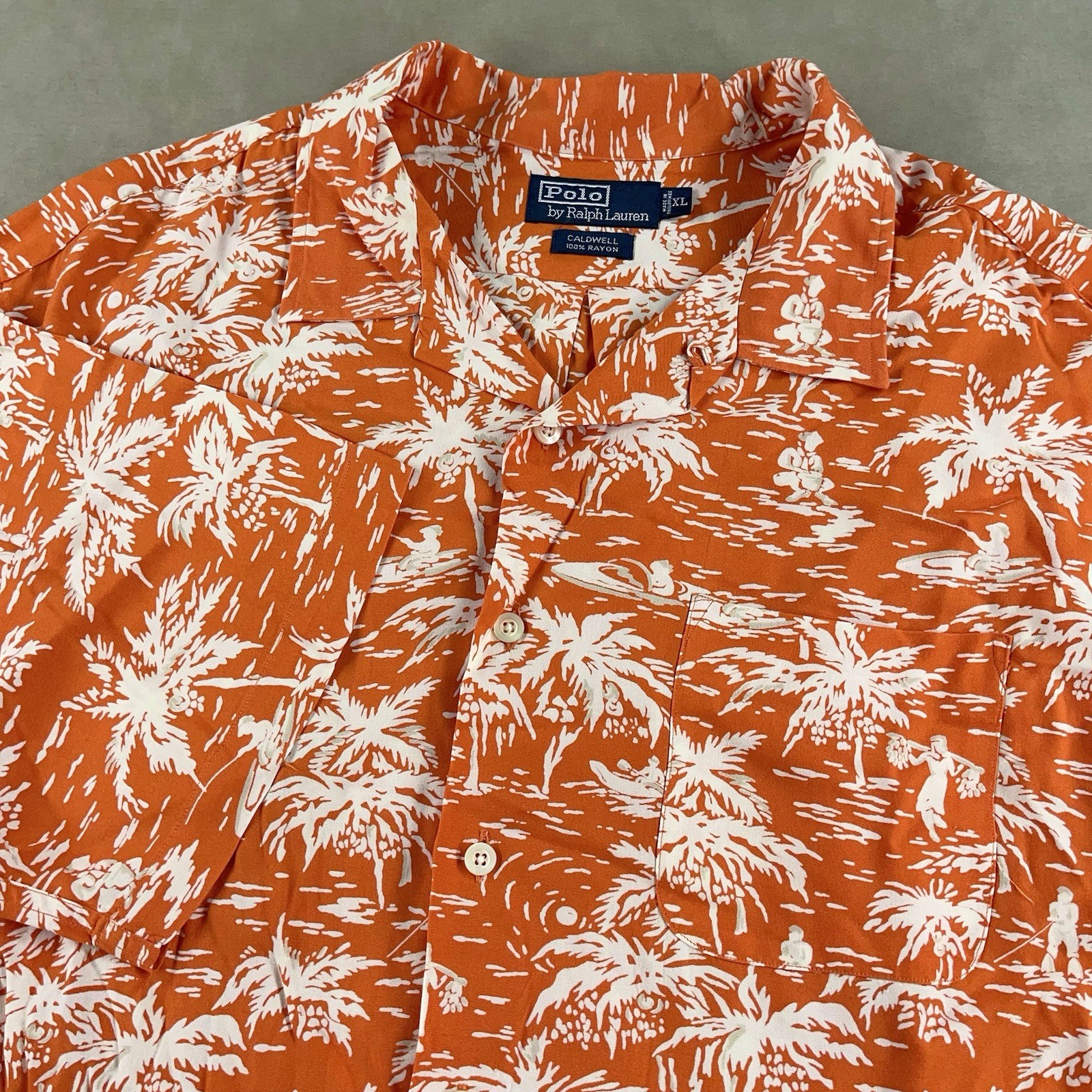 Vintage Polo Ralph Lauren Mens XL Hawaiian Shirt Orange Floral Rayon Loop Collar