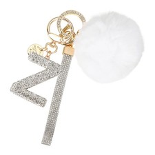 Initial Letter Z Keychain with Pom and Rhinestone Wristlet, White