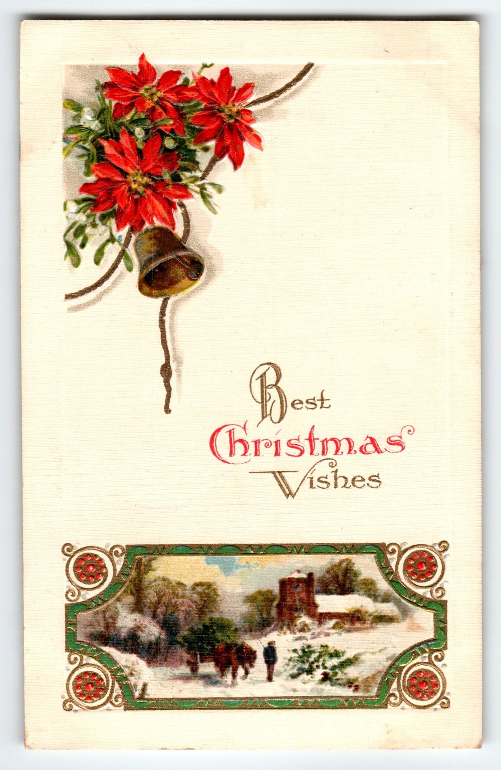 Vintage Christmas Postcard Poinsettias Bell Winter Scene 1914 John Winsch Back
