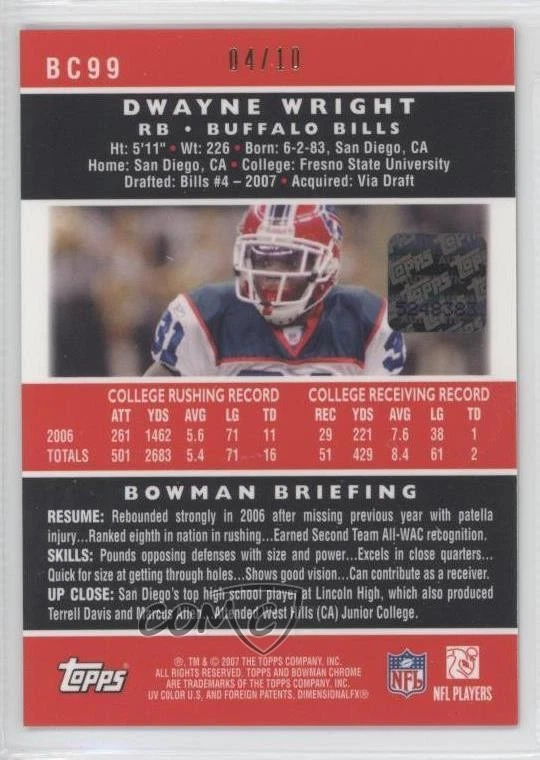 2007 Bowman Chrome Box Loader Rookie Uncirculated /10 Dwayne Wright Auto RC - Image 2 of 2