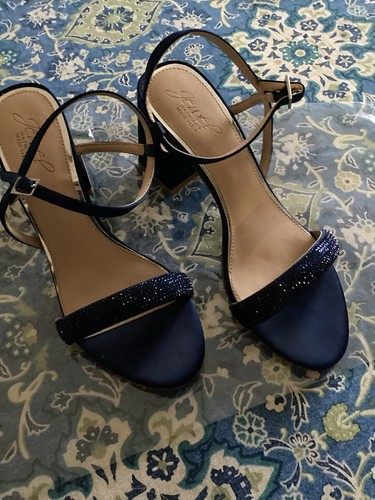Jewel Badgley Mischka Zapatos Correas Sandalia Azul Marino con Secuencia 3” Tacón Bloque Usado 1X - Imagen 2 de 9