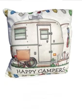 “Happy Camper” Festive Lights Throw Pillow, Solid White Back, Camping Fun