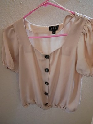 OLM Woman Blouse Size Small Tan Beige Casual Short Sleeve Dress up Shirt Nice