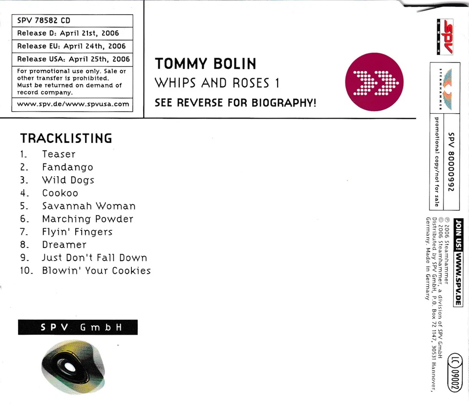 Tommy Bolin - Whips and Roses Volume 1 (Promo-CD) - Bild 2 von 3