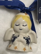 New Hand crafted painted Polish Pottery Praying Angel Ornament ribbon Cardinal