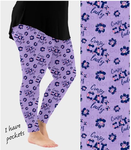 Leggings Cat Crazy Lady con tasche - Pantaloni yoga stampa zampa viola - Foto 3 di 5