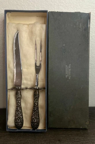 Stieff Rose Sterling Silver Repousse Roast Carving Knife Fork Set WITH BOX!