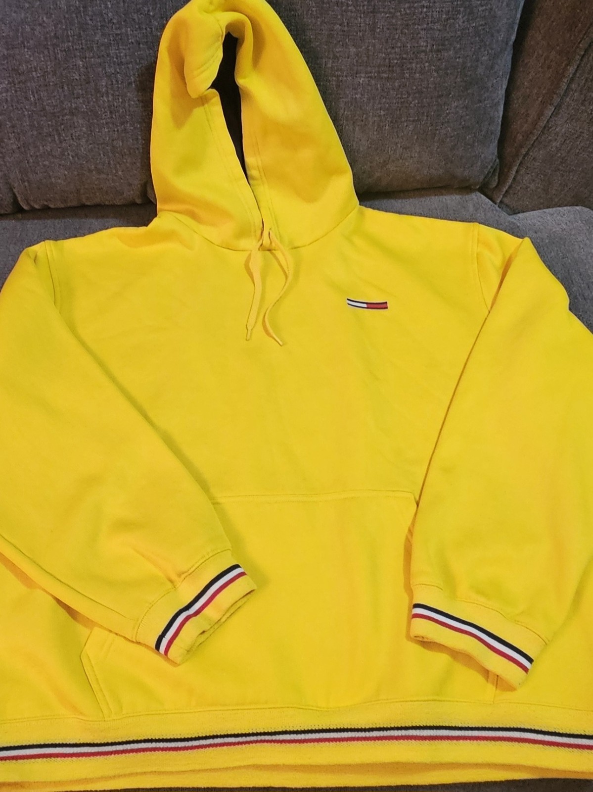Vintage 90s Tommy Jeans Hoodie XL Yellow Spell Out Hem Striped Cuffs Rare Retro