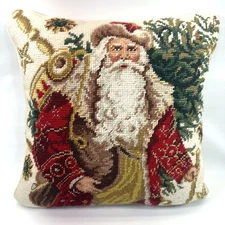 "Old Fashion Santa Claus" Needlepoint Accent Ivory Backed Pillow 13" x 13"
