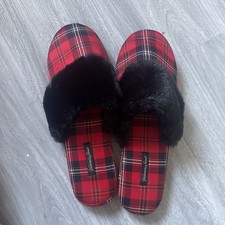 Victoria's Secret Slippers Women L Large Satin Red Plaid Black Faux Fur Trim