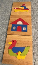 3~Vintage Children's Wooden Puzzles ~Boat,House, Ducks W/Canvas Tote~Made in USA
