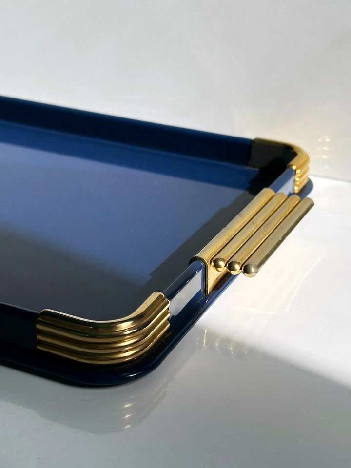 Hollywood Regency Stil Tablett 1980er Blau Gold Platte CL Design Tablett Vintage - Bild 2 von 4