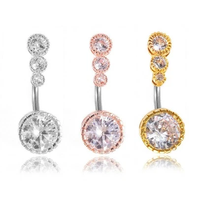 Belly Bars Crystal Clear CZ Round Triple Gem Navel Bar Ring 316L Surgical Steel - Image 1 of 4