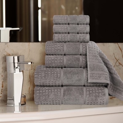 Cotton 8-Piece Towel Set, Zero Twist, Waffle Border, Bathroom Essentials, Sho...