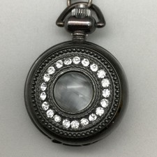 Rhinestone Pocket Watch Pendant Necklace Women 29mm Silver Tone New Battery
