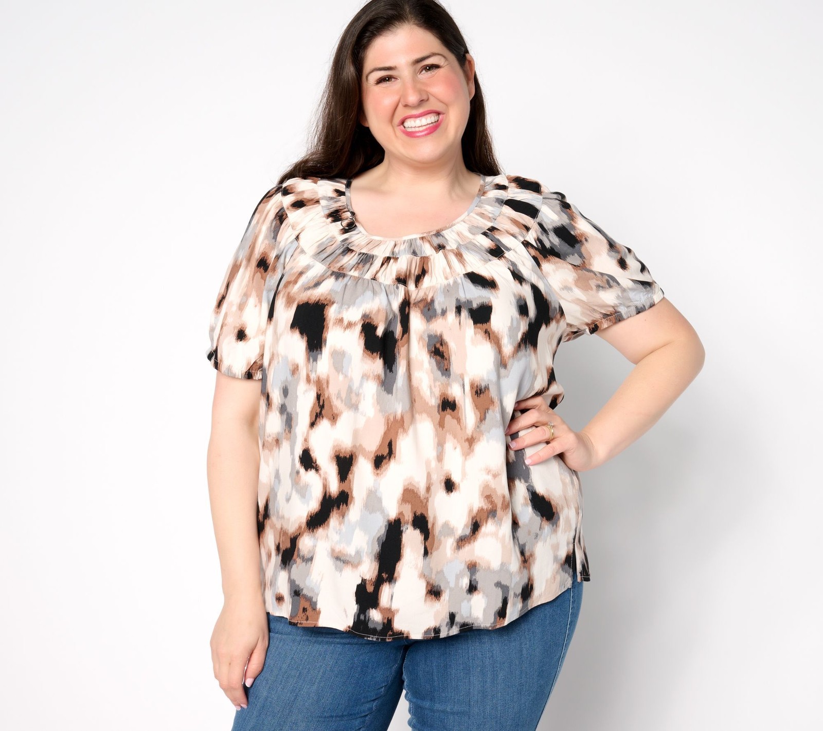 Denim & Co. Women's Top Plus Sz 1X Adaptive Printed Short-Sleeve Brown A654793