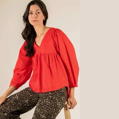 Before You Collection Blouse Red 100%Cotton V-Neck Sz XS S M L Relax Loose Fit